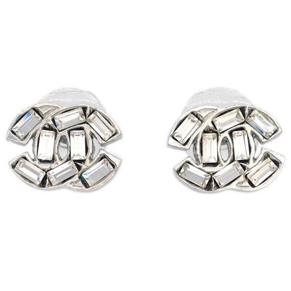 Chanel CC Piercing Earrings Silver Rhinestone 01P - Picture 1 of 4